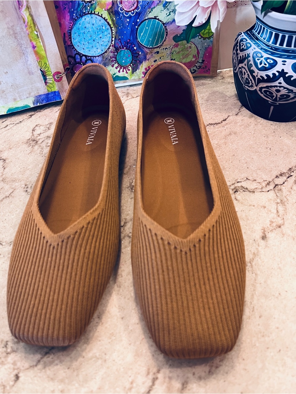 VIVAIA Margo Square Toe V-Cut Ballet Flats Camel Brown Washable Comfort Shoes
